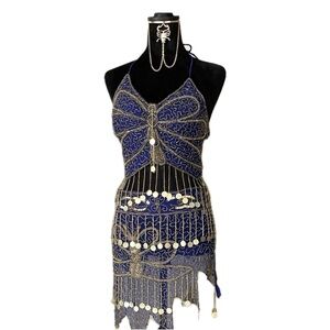Blue and Gold Beaded Belly Dance Costume